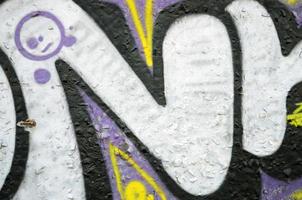 Texture of a fragment of the wall with graffiti painting, which is depicted on it. An image of a piece of graffiti drawing as a photo on street art and graffiti culture topics