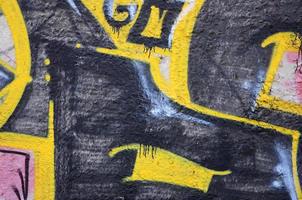 Texture of a fragment of the wall with graffiti painting, which is depicted on it. An image of a piece of graffiti drawing as a photo on street art and graffiti culture topics