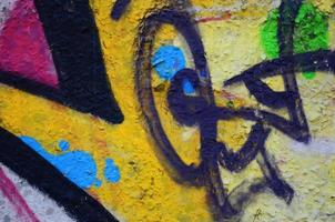 Texture of a fragment of the wall with graffiti painting, which is depicted on it. An image of a piece of graffiti drawing as a photo on street art and graffiti culture topics