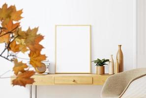 Scandinavian room interior with mock up photo frame on the brown bamboo shelf with beautiful plants in differents hipster and design pots. White walls. Modern and floral concept of shelfs 1