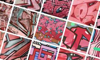 A set of many small fragments of graffiti drawings. Street art abstract background collage in red colors photo