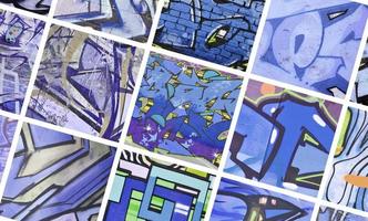 A set of many small fragments of graffiti drawings. Street art abstract background collage in violet colors photo