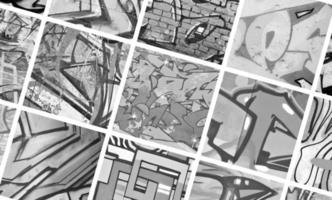 A set of many small fragments of tagged walls. Graffiti vandalism abstract background collage in monochrome photo