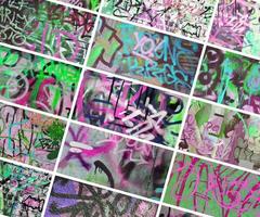 A set of many small fragments of tagged walls. Graffiti vandalism abstract background collage photo