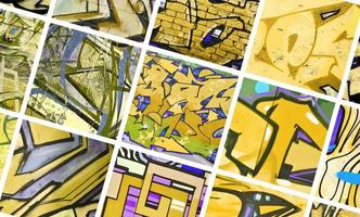 A set of many small fragments of graffiti drawings. Street art abstract background collage in yellow colors photo