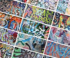 A set of many small fragments of tagged walls. Graffiti vandalism abstract background collage photo