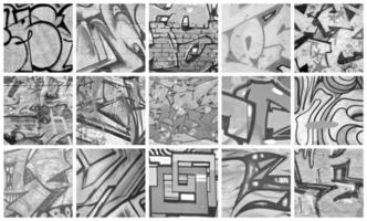 un conjunto de muchos pequeños fragmentos de paredes etiquetadas. collage de fondo abstracto de vandalismo de graffiti en monocromo foto