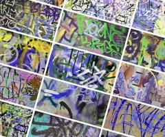 A set of many small fragments of tagged walls. Graffiti vandalism abstract background collage photo