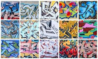 A set of many small fragments of graffiti drawings. Street art abstract background collage photo