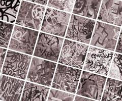 A set of many small fragments of tagged walls. Graffiti vandalism abstract background collage in vintage tones photo