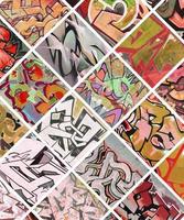 un conjunto de muchos pequeños fragmentos de dibujos de graffiti. collage de fondo abstracto de arte callejero en colores rojos foto