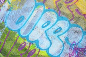 Texture of a fragment of the wall with graffiti painting, which is depicted on it. An image of a piece of graffiti drawing as a photo on street art and graffiti culture topics