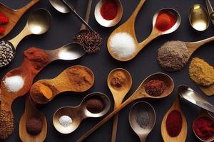 Cooking table with spices and herbs photo