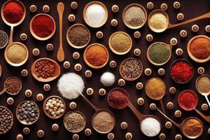 Cooking table with spices and herbs photo
