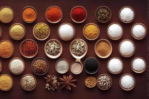 Cooking table with spices and herbs photo