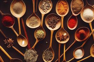 Cooking table with spices and herbs photo