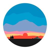 Cartoon landscape. Sunrise, sunset, dawn evening with star scape. Natural wildlife view. Circular countryside sceneries icon in flat style. Vector, illustration, EPS10 vector