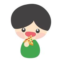 lindo niño comiendo pizza usando su mano. niño comiendo solo. desayuno, almuerzo, cena para niños. personaje de caricatura aislado, vector, ilustración, eps10 vector