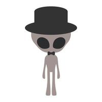 Cartoon cute funny grey alien character with standing pose, wearing fedora, top hat. Isolated on white background, flat design, vector, illustration, EPS10 vector