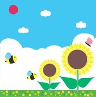 Cartoon cute summer landscape with bee, butterfly and sunflower. Sunlight, blue sky background, countryside, cloudy weather. Backdrop wonderland banner in summer season. Vector, illustration, EPS10 vector