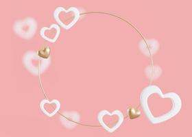 Pink background with white and golden hearts and copy space. Valentine's Day, Mother's Day, Wedding backdrop. Empty space for advertising text, invitation, logo. Postcard, greeting card. 3D render.