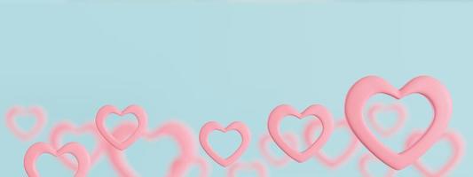 Light blue background with pink hearts and copy space. Valentine's Day, Mother's Day, Wedding backdrop. Empty space for advertising text, invitation. Postcard, greeting card design. Banner. 3D render. photo