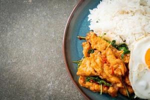 pescado frito salteado con albahaca y huevo frito cubierto con arroz foto