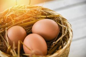 Chicken eggs in basket nest on white wooden background photo