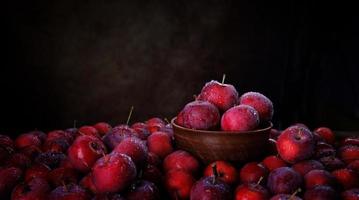 plato de barro con manzanas rojas. fondo de manzanas rojas maduras. foto