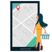 The girl uses a phone and an online map to search. Shopping, use. vector