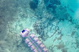Amazing bird eyes view in Maldives. Luxury water villas and beautiful coral reef close to island beach, top view of Maldives resort and nature beauty. Summer vacation and holiday scenery, aerial view photo