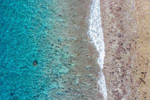 vista aérea al mar, vista superior del increíble fondo del océano natural. colores de agua azul brillante, playa de la laguna con olas salpicando en el día soleado. foto de drones voladores, asombroso paisaje natural con arrecife de coral