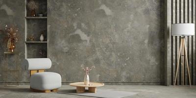 interior de estilo loft con sillón gris en una pared de cemento oscuro. foto