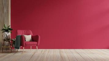 Viva Magenta wall background mockup with armchair furniture and decor. photo