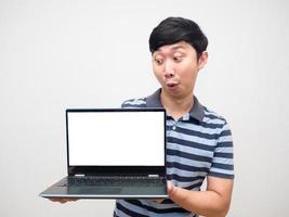 Man striped shirt excited emotion looking at laptop white screen photo