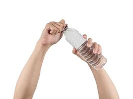 Hands opening water bottle cap isolated photo