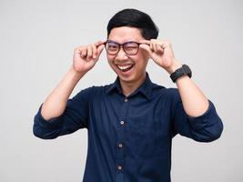 Positive businessman wear glasses cheerful smile close one eye photo