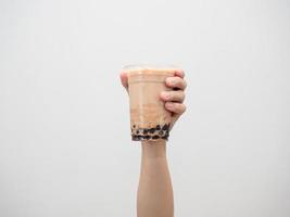 Man hand hold boba tea isolated photo