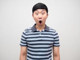 Young man striped shirt gesture shocked emotion isolated photo