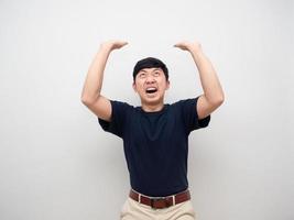Young man gesture carry on head feel heavy isolated photo