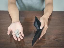 Man hands hold empty wallet no money with coins on the table photo