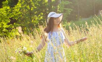 Young woman picking flowers in the meadow in summer evening photo