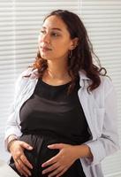 Portrait of hispanic pregnant woman at home. Pregnancy, health and maternity leave concept. photo