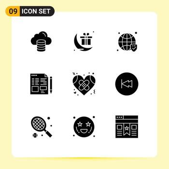 Set of 9 Vector Solid Glyphs on Grid for broken education globe pencil file Editable Vector Design Elements