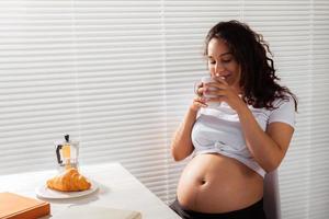 Happy pregnant young beautiful woman drinks tea during morning breakfast. Concept of pleasant morning and positive attitude during pregnancy photo