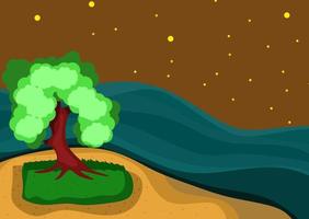 árbol de fondo y mar en ilustración de diseño plano vector