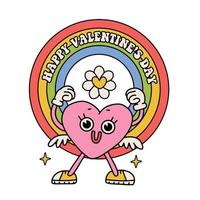 Weird cute heart character with rainbow in psychedelic 70 s style. Hippie, groove, retro and vintage isolated sticker. Vector contour illustration with text - happy Valentine s day.