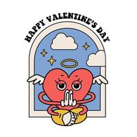 Groovy print or sticker with relax heart character in lotus position. Retro Cartoon lovely mascot with wings. Happy Valentines day concept in 60s 70s toons style. Funky cute vector illustration