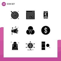 Pack of 9 Modern Solid Glyphs Signs and Symbols for Web Print Media such as color multimedia webpage megaphone online Editable Vector Design Elements