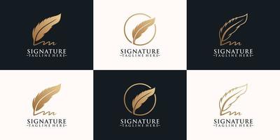 Set creative quill signature logo design with minimalist feather ink Premium Vector